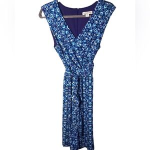 Blue White and Purple print Coldwater Creek Dress Ikat type Pattern V Neck